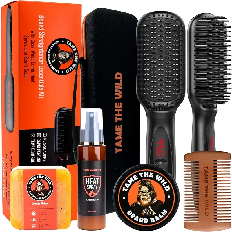 Kit Pro Soin Barbe Tame The Wild – brosse chauffante 12 réglages, spray protection, savon, baume, peigne et étui – coffret cadeau