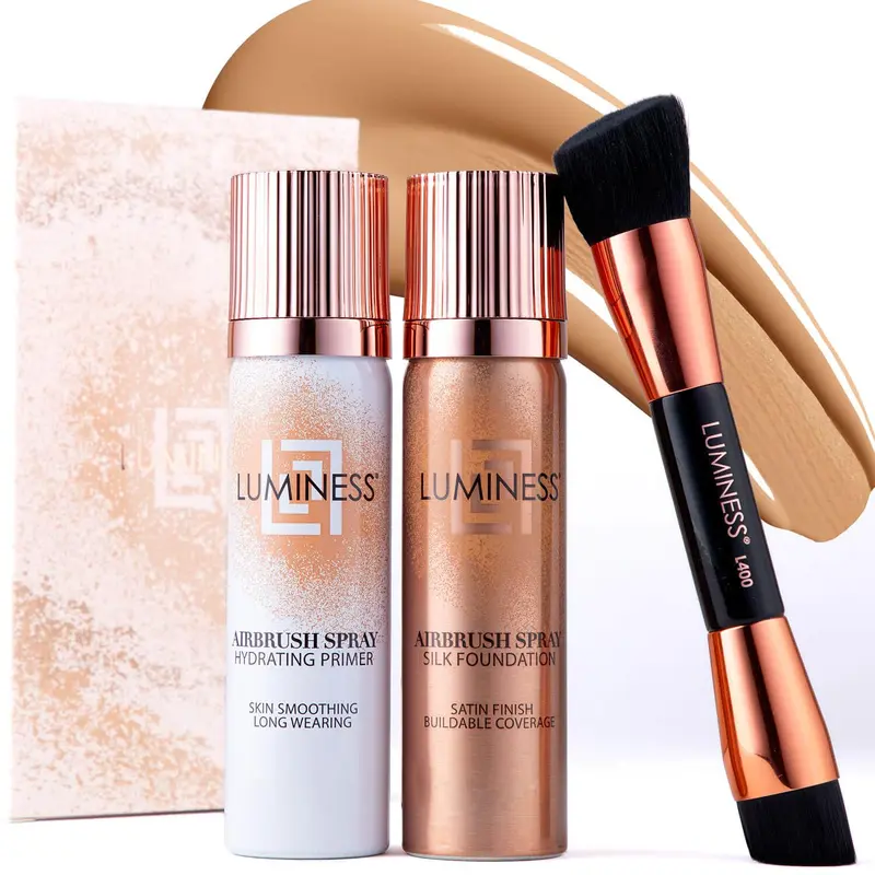 Kit Silk Airbrush LUMINESS – Fond de Teint à couvrance élevée + Primer (Teinte moyen-chaud)