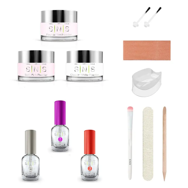 Kit SNS Nail Dip Powder & Dip Essentials – Starter Rose et Blanc DIY (Poudre fondation, Activateur, Vernis de finition, Outils)