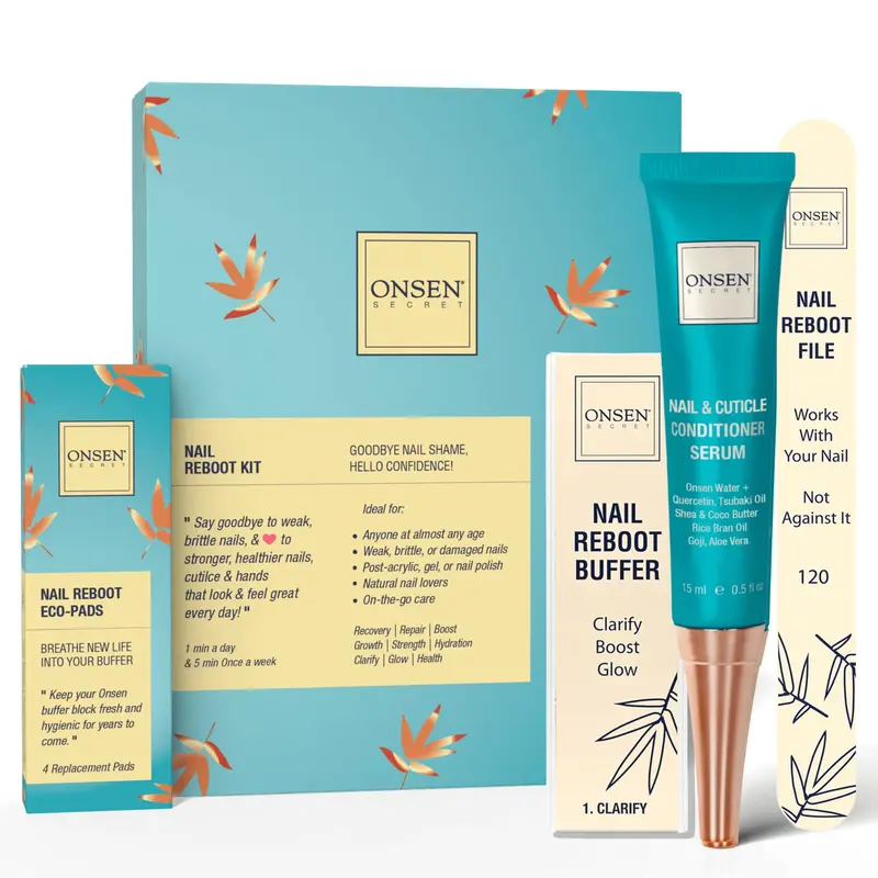 Kit Soin des Ongles Onsen Secret – Sérum Cuticule, Tampon & Shine – Renforcement & Éclat – Manucure Spa – Ingrédients Biologiques – Simple & Sûr – 1pc