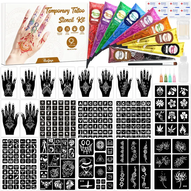 Kit Tatouages Temporaires PllusJoys – 315 Pièces, 9 Couleurs, 315 Modèles