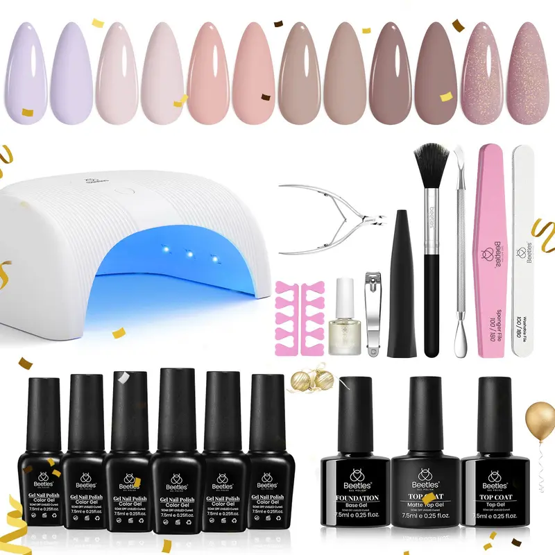 Kit Vernis Gel Beetles – 6 Teintes Nude, Lampe UV/LED 36W, Base et Top Coat, Accessoires Manucure DIY