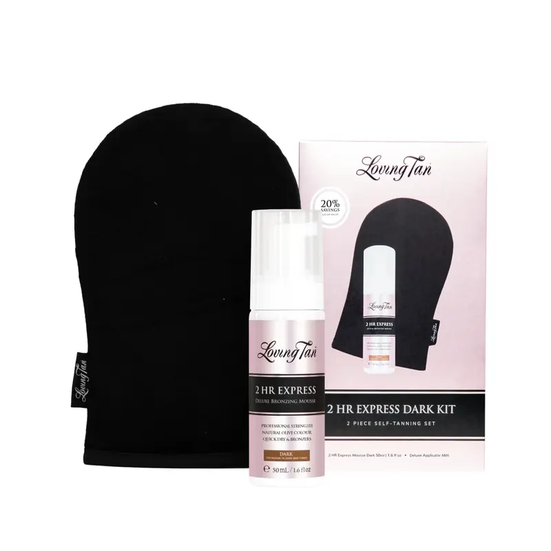 Kit voyage Loving Tan 2HR Express Mousse auto-bronzante – Teinte Dark, mini-kit, gant inclus, non testé sur les animaux