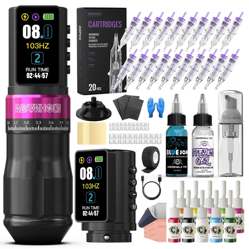 Kit Wormhole Tattoo Sans Fil – Machine Professionnelle, Batteries 2300mAh et Accessoires