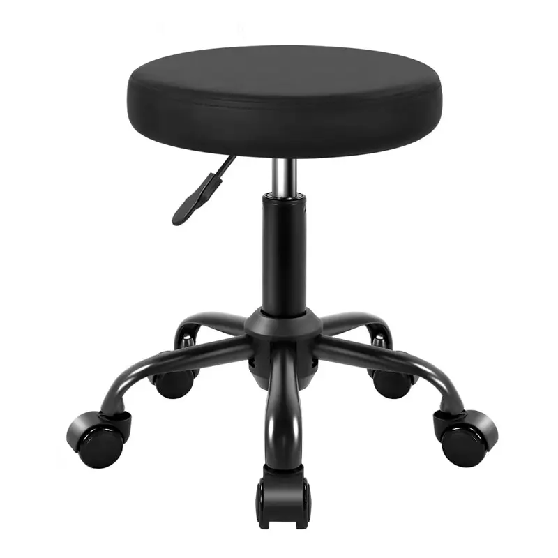KKTONER Tabouret Roulant Rond Réglable en PU Cuir Noir – Hauteur 48–64 cm