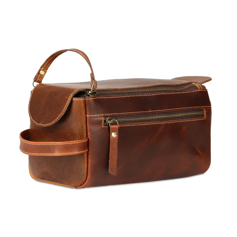 KomalC Trousse de Toilette en Cuir Buffle Premium – Étanche, Fermetures éclair YKK, Unisexe