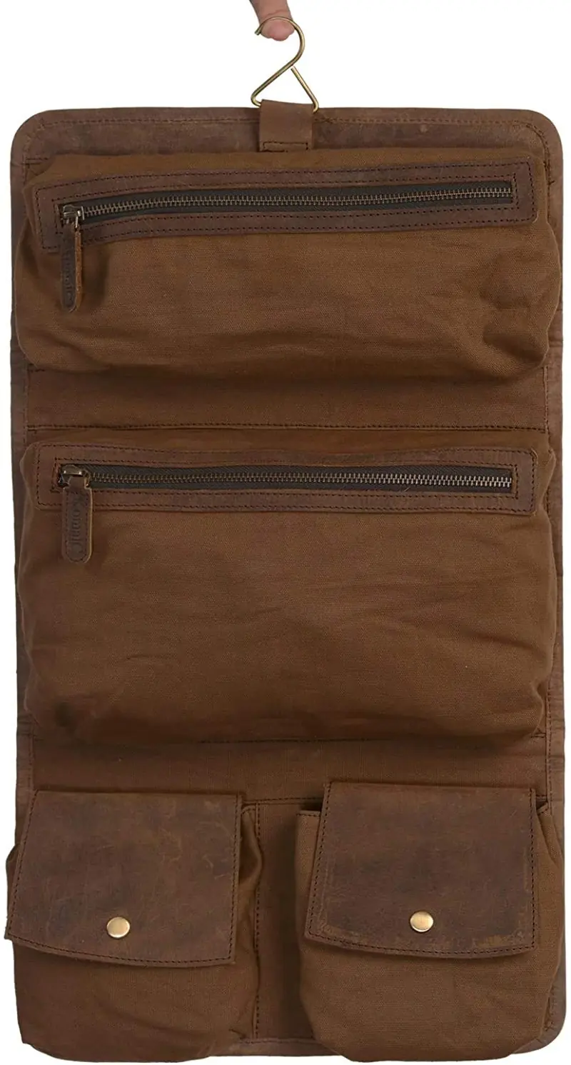KomalC Trousse de Toilette Suspendue en Cuir de Buffle – Couleur Tan Patinée, Kit de Voyage