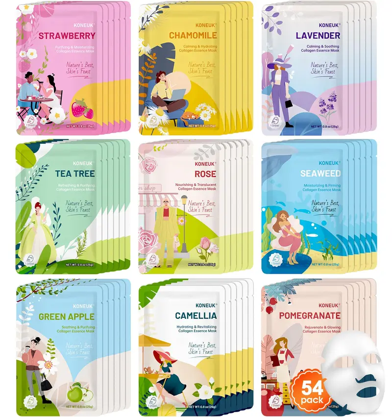 KONEUK Coffret 54 Masques Visage – Hydratants, 9 Types, Idéal Cadeau Spa et Fêtes