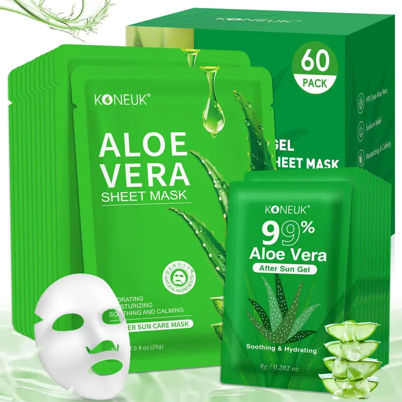KONEUK Gel Aloe Vera et Masques Visage – Lot Economique 30+30 pour Visage, Cheveux et Corps