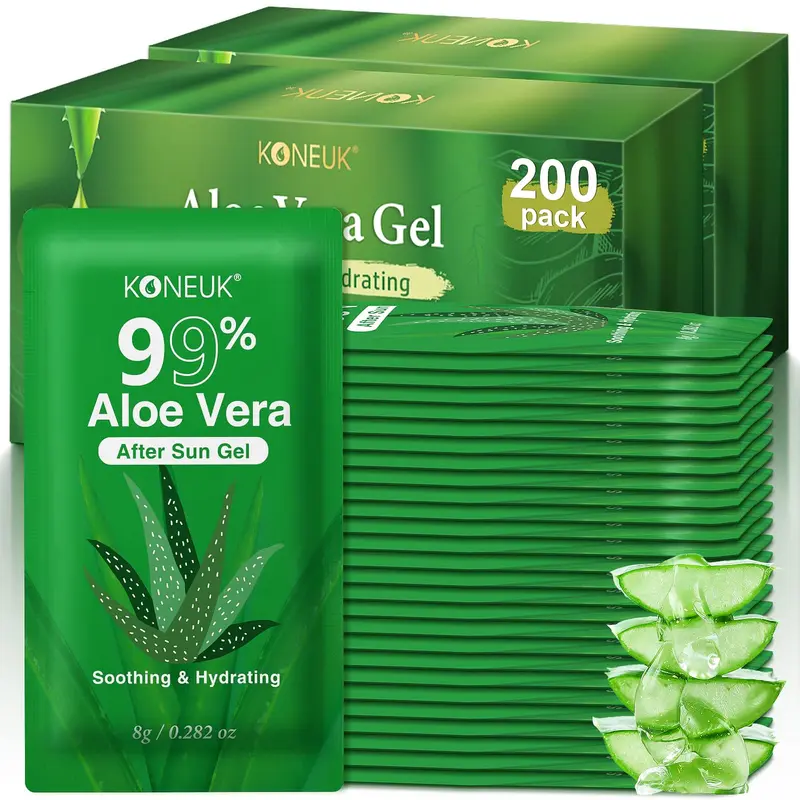 KONEUK Gel Aloe Vera Pur 99% – Lot de 200 Sachets (0,282 oz) pour Visage et Cheveux
