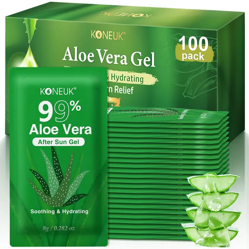 KONEUK Gel d'Aloe Vera — Lot de 100 Sachets, 99% Pur, Hydratant Sans Résidu | Format Voyage
