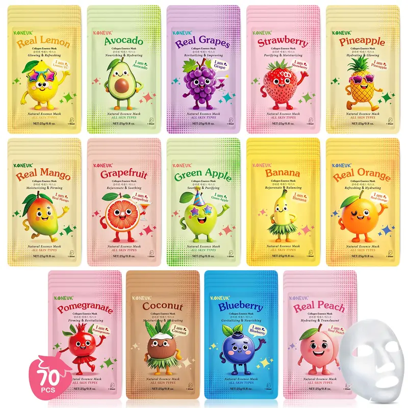 KONEUK – Lot de 70 Masques Visage Hydratants au Collagène | Masques Fruits Colorés pour Tous Types de Peau