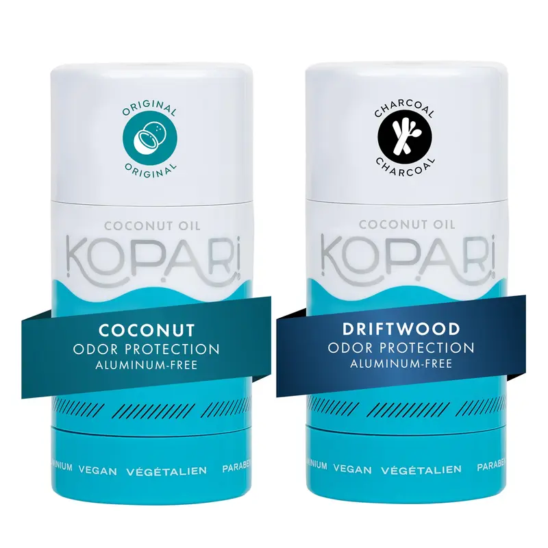 Kopari Déodorant Coco Sans Aluminium – Non Toxique & Végétal, Sans Parabènes ni Bicarbonate, Protection Longue Durée – Original & Charbon (2 Unités)