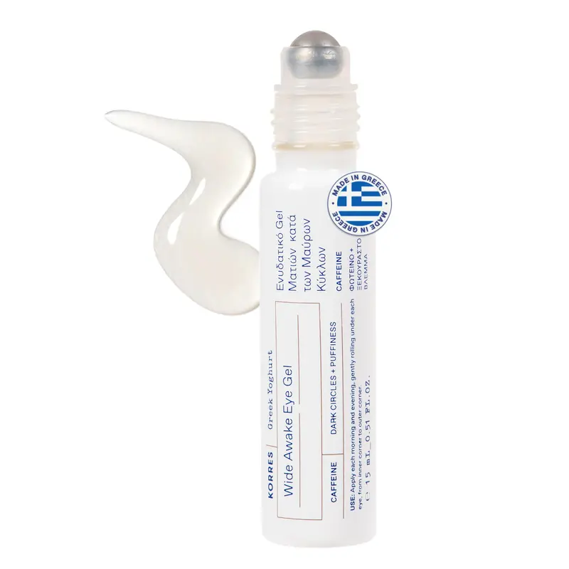 KORRES Gel Yeux Wide Awake au Yaourt Grec – Caféine et Hyaluronique, Roll-on, Regard Lumineux 0,51 fl oz