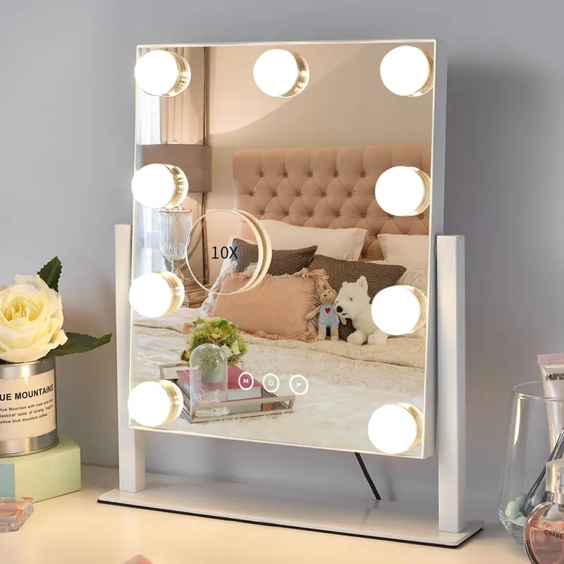 Kotdning Miroir Coiffeuse Éclairé – 9 DEL, 3 Couleurs, Loupe 10x Détachable, Rotation 360°