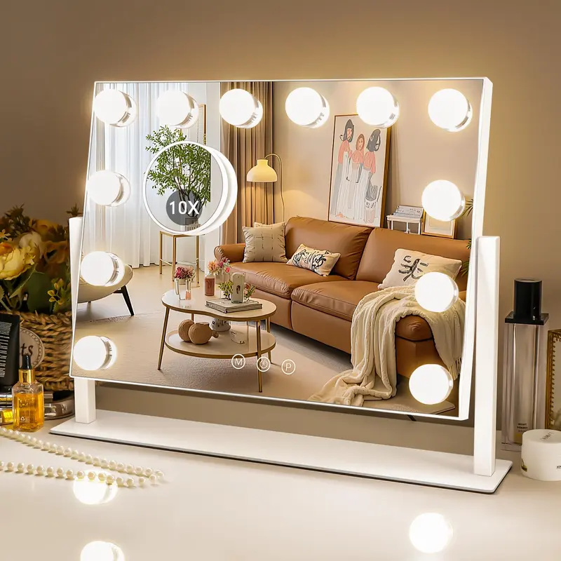 Kottova Miroir de Maquillage Éclairé 39,9×29,9 cm – 3 couleurs, loupe 10x amovible, rotation 360°, alimentation secteur