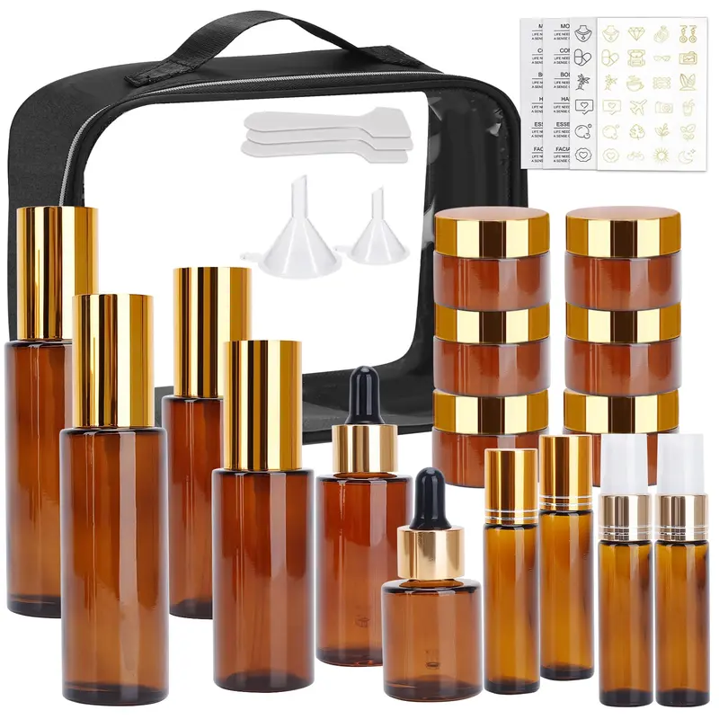 KOUWICH – Ensemble Contenants Verre Voyage TSA Approuvés (26 pièces) avec Pompe, Pots et Bouteilles d’Huile Essentielle