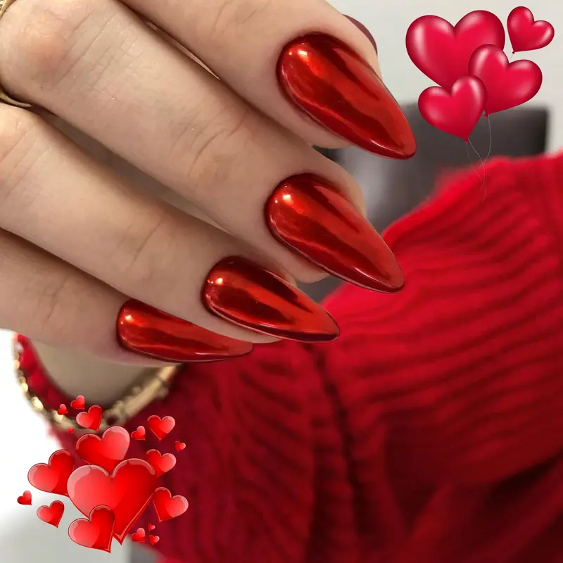 KQueenest Chrome Bright Red – Ongles Press On Almond Medium, Effet Miroir