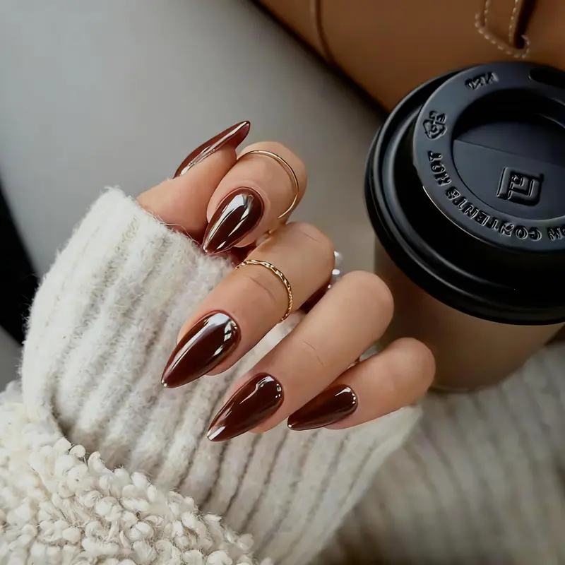 KQueenest Chrome Marron – Ongles Almond Medium, Finition Miroir