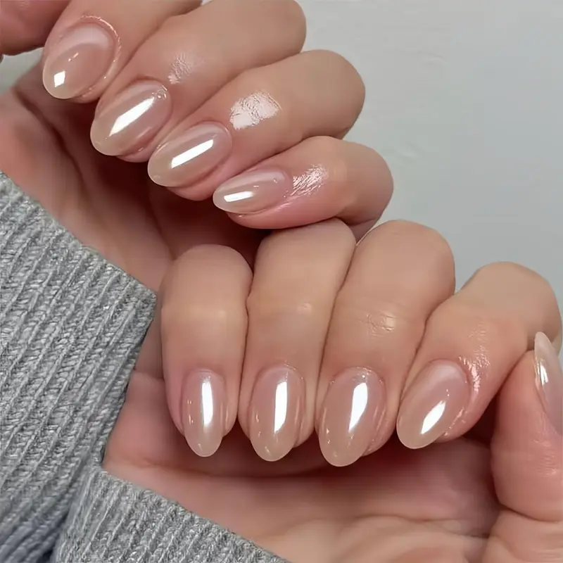 KQueenest Chrome Nude – Ongles Press On Courts Ovales, Effet Miroir et Paillettes