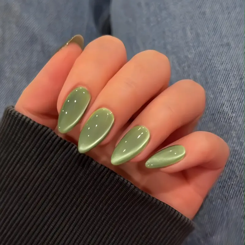 KQueenest Ongles à Poser Œil-de-chat Vert Sauge en Amande – 30 Pièces, Brillance Durable