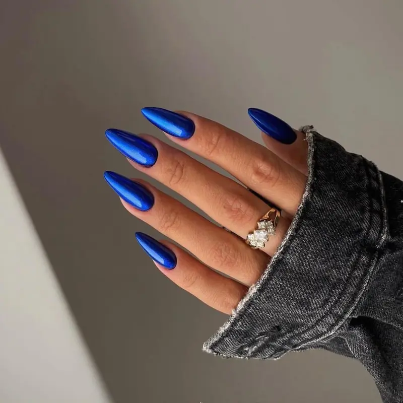 KQueenest Ongles Adhesifs Bleu Chrome Amende de Taille Moyenne | Design Miroir Bling