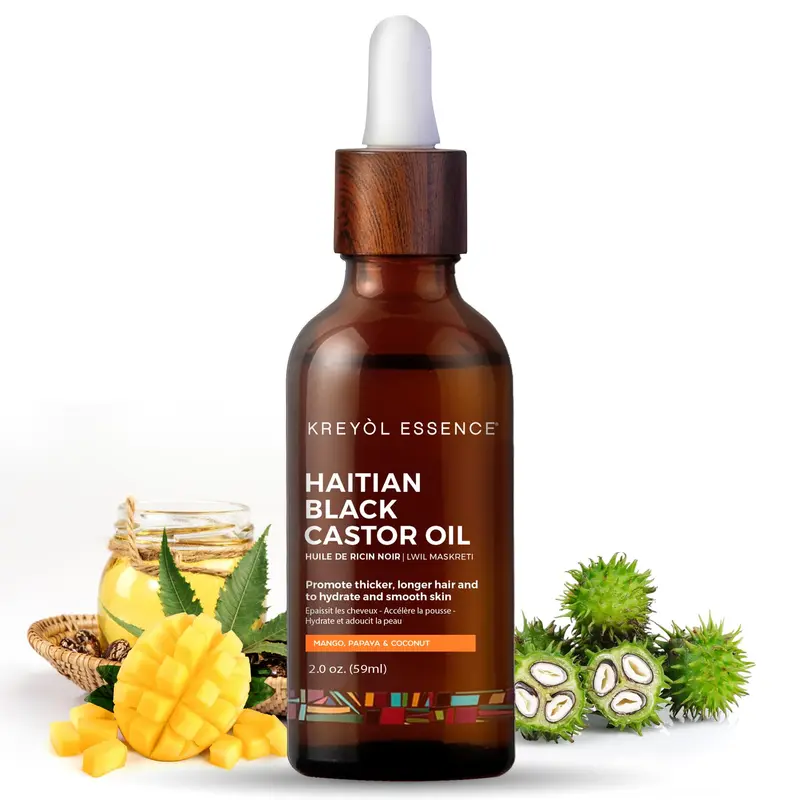 Kreyòl Essence - Huile de ricin noir haïtien pour peau et cheveux, bouteille en verre - cheveux volumineux, sans hexane