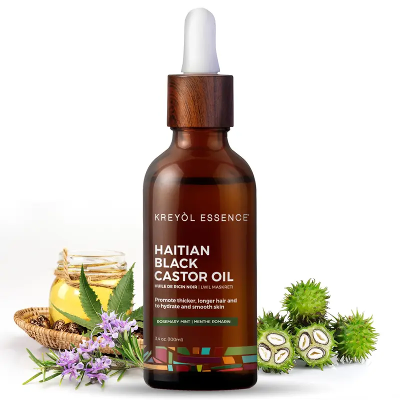 KREYÒL ESSENCE – Huile de Ricin Noir Haïtienne pour Cheveux et Peau, Bouteille Verre, Pressée à Froid, Sans Hexane | Romarin & Menthe Poivrée | 3,4 oz