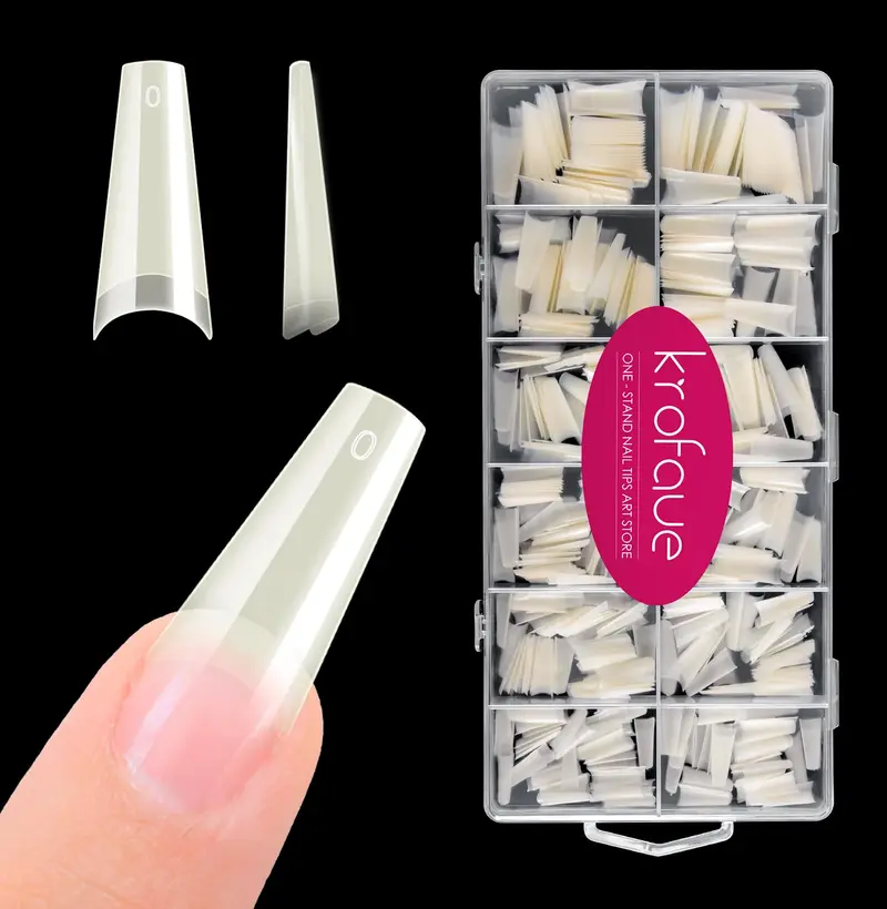 krofaue – Extensions d’ongles acryliques naturelles Carré, 600 pièces, Coffin demi-couverts, 12 tailles avec boîte