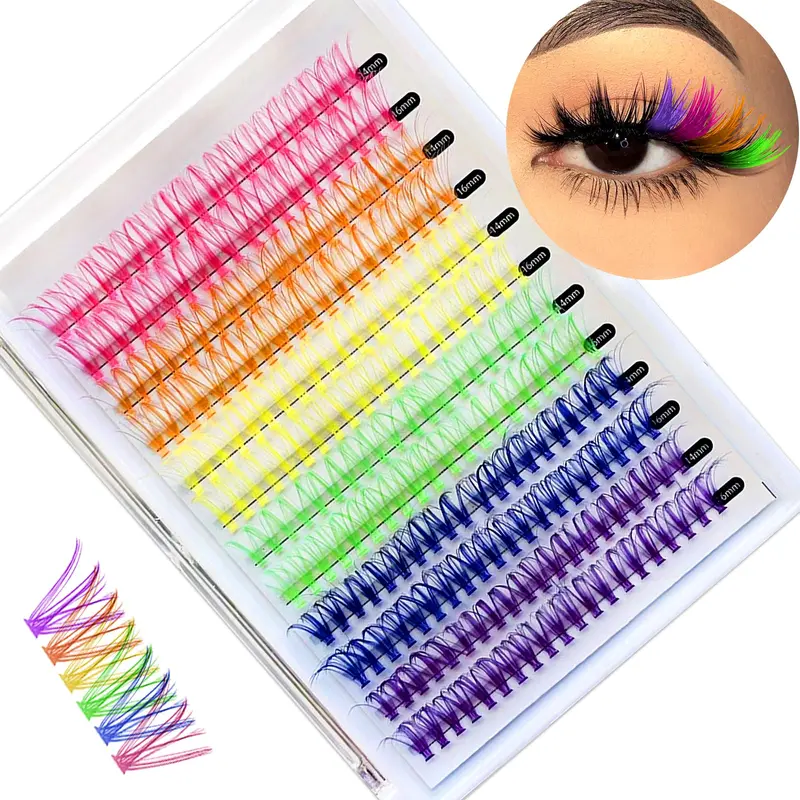 KUCKOW Clusters de Cils Colorés Féeriques – Kit d'Extensions Colorées, 6 Couleurs, Longueurs 14/16 mm, D Curl, 240 pcs (Sans Colle)