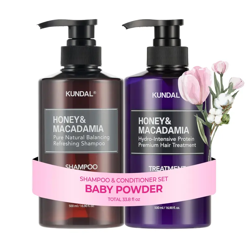 KUNDAL Ensemble Shampooing et Après-Shampooing Poudre Bébé – Sans sulfate, Argan & Macadamia, 500 ml chacun, Fabriqué en Corée