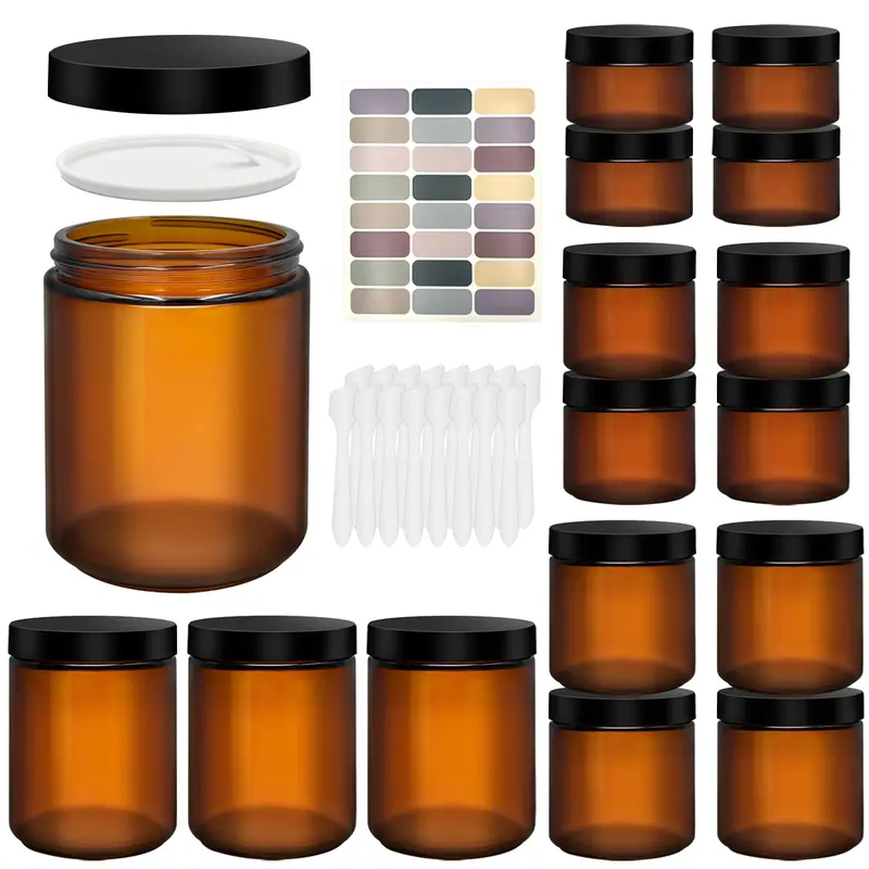 KUNSHNBEI Bocaux en verre ambré avec couvercles – 16 pièces (8 oz/4 oz/2 oz/1 oz) – liners intérieurs, étiquettes et spatules