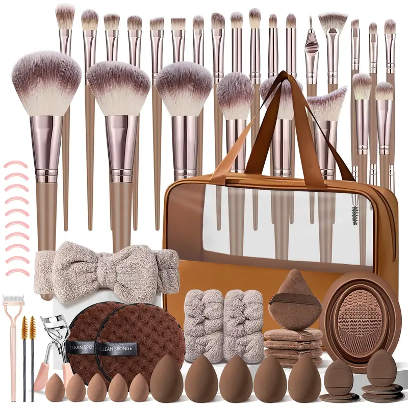 KUORYZAL Ensemble de Pinceaux Maquillage Brun 66Pcs avec Étui – Professionnel et Hypoallergénique