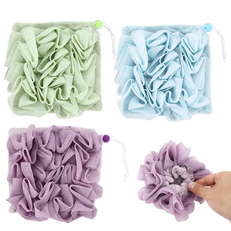 KURTOPLLY – Ensemble 3 pièces Éponge Savon-Bar 2 en 1 avec Poche – Exfoliation Douce Violet Bleu Vert