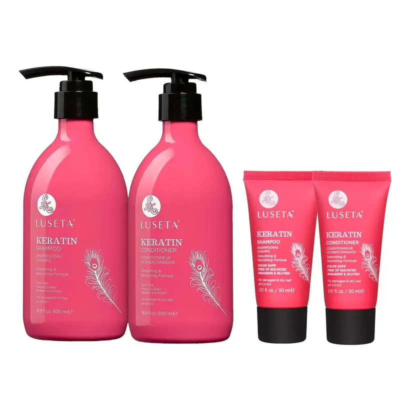 L LUSETA Coffret Shampoing et Après‑Shampoing Kératine pour Cheveux Colorés et Abîmés (2x500 ml + 2x30 ml)