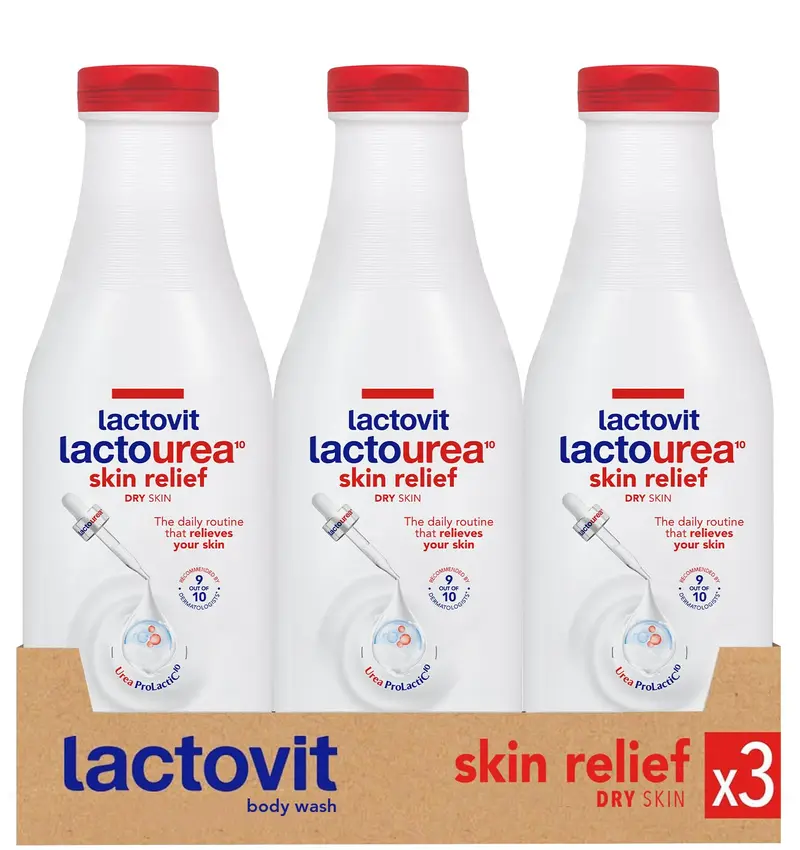 Lactovit LACTOUREA Gel Douche Hydratant pour Peaux Seches | ProLactiC10, Acide Lactique & Urée | Dermatologue Recommande | 3 x 600 ml