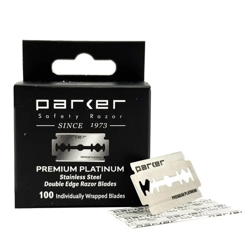 Lames Parker Premium Platinum à double tranchant – Pack Salon 100, Acier Sandvik Suédois, Revêtement platine-tungstène-chrome