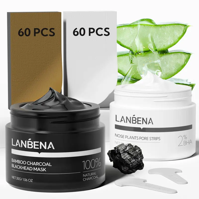 LANBENA 2-Pack Bandes Pores 2% Acide Salicylique BHA + Masque Charbon Bambou – Nettoyage en profondeur et purification des pores