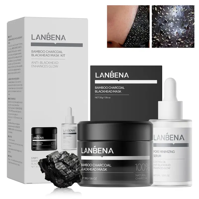 LANBENA 3-en-1 Kit Élimination des Points Noirs – Bandes Charbon Bambou, Sérum Pores & Papiers Retrait