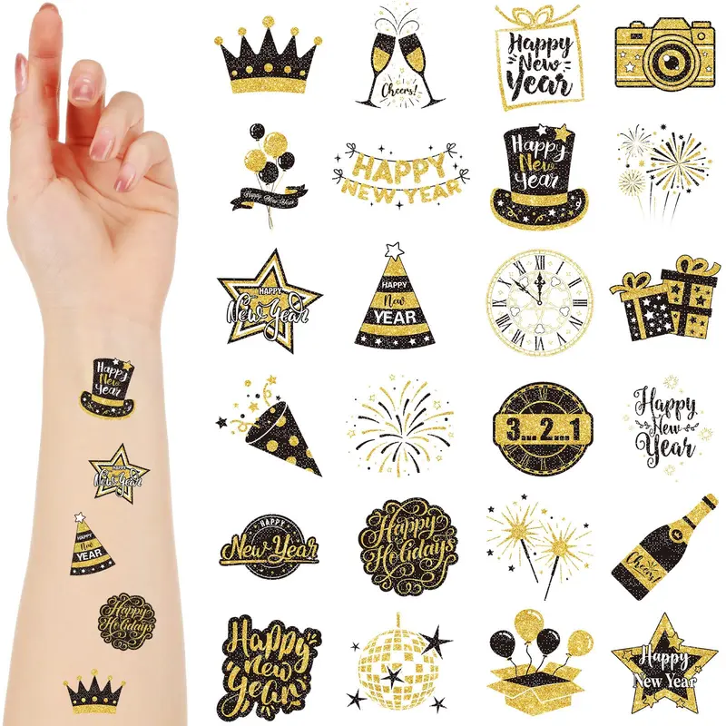 Landhoow 240 Tatouages Temporaires Nouvel An 2026 – Stickers Pailletés pour Réveillon