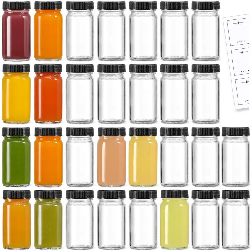 LANDNEOO – Lot de 30 Bouteilles en Verre 2oz avec bouchons noirs et 30 étiquettes – Mini bouteilles étanches, réutilisables et sans BPA