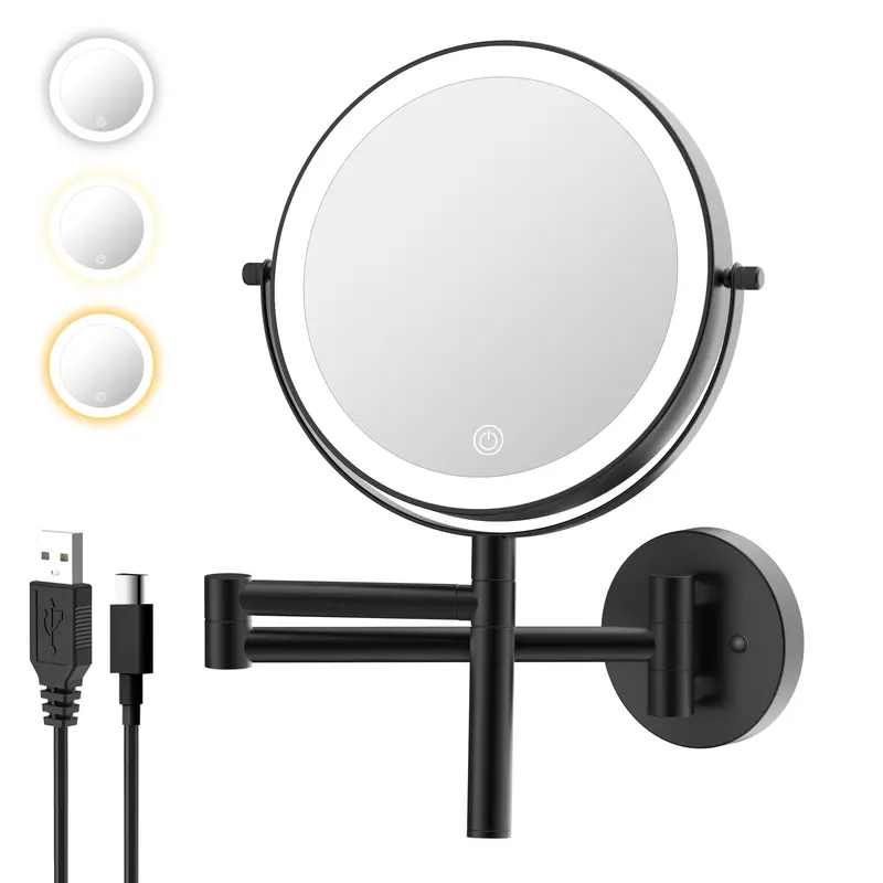 LANSI Miroir Maquillage Mural 8 Pouces avec Poignée – Éclairage LED 3 Couleurs, 1X/10X, Rechargeable