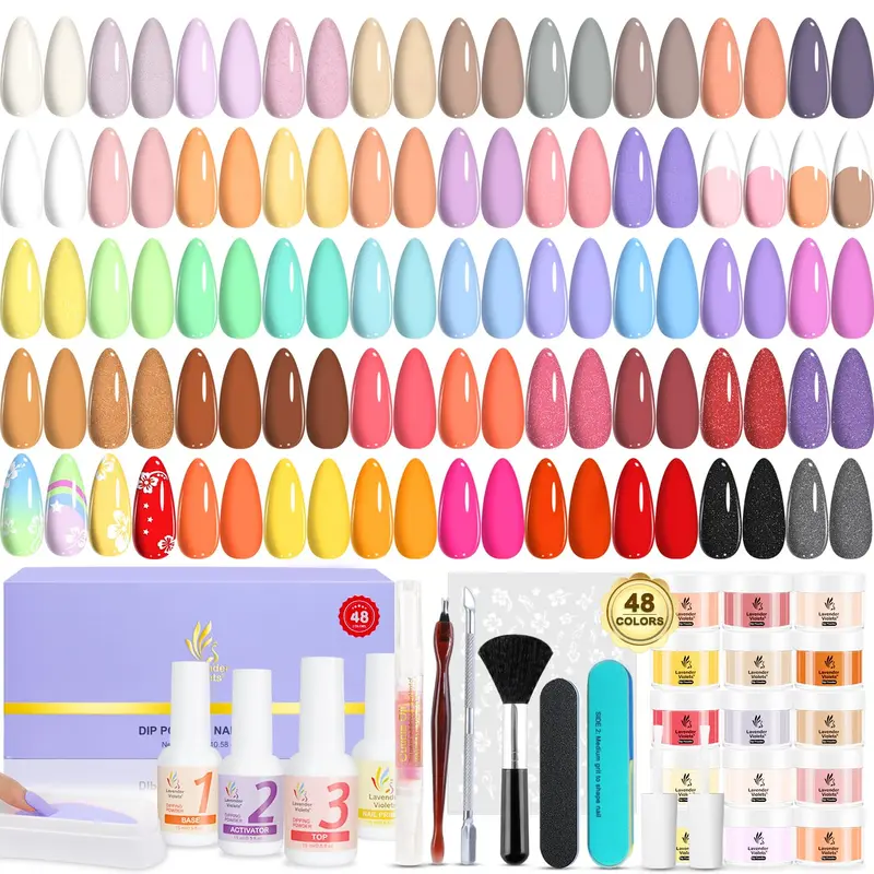 Lavender Violets Kit Dip-Poudre G902 — 62 pièces, 48 couleurs et outils manucure