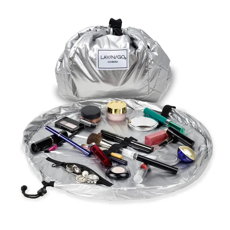 Lay-n-Go Cosmo Layflat - Trousse cosmétique pliante 20 pouces, argent métallique, poche zippée