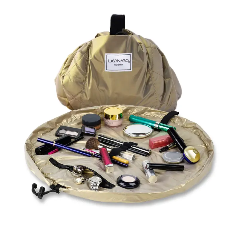 Lay-n-Go Cosmo – Trousse cosmétique 20 pouces avec cordon de serrage, poche zippée et boucles pinceaux – Or métallique