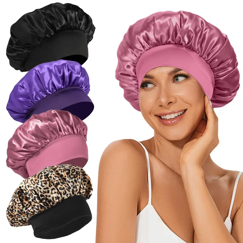 LEADUWAY — 4 Bonnets en Satin de Soie pour Dormir, Bande Large et Doux (Noir/Violet/Rose/Léopard)
