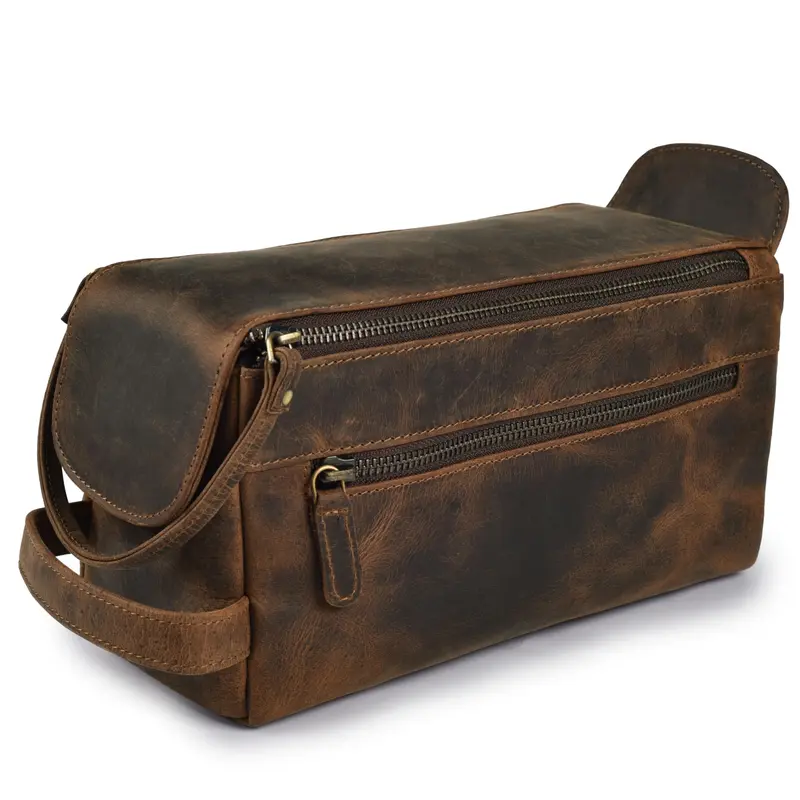LEATHER VILLAGE Trousse de toilette en cuir véritable – Étanche et rangement voyage – Cadeau pour homme et femme – Marron rustique