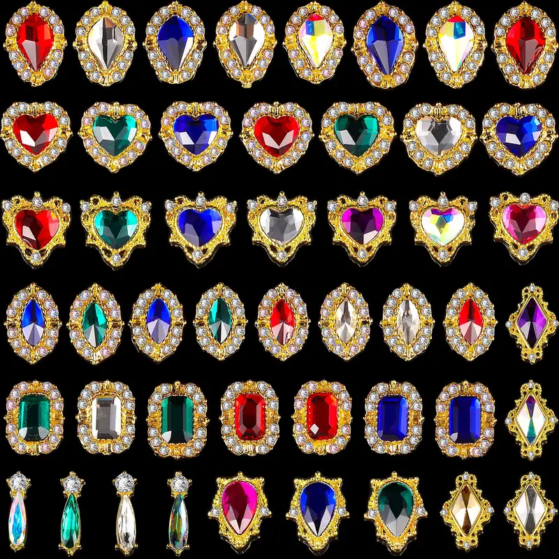 Leelosp 48 Charms Ongles 3D Luxe – Strass Colorés, Coeur Goutte – Bricolage et Art des Ongles