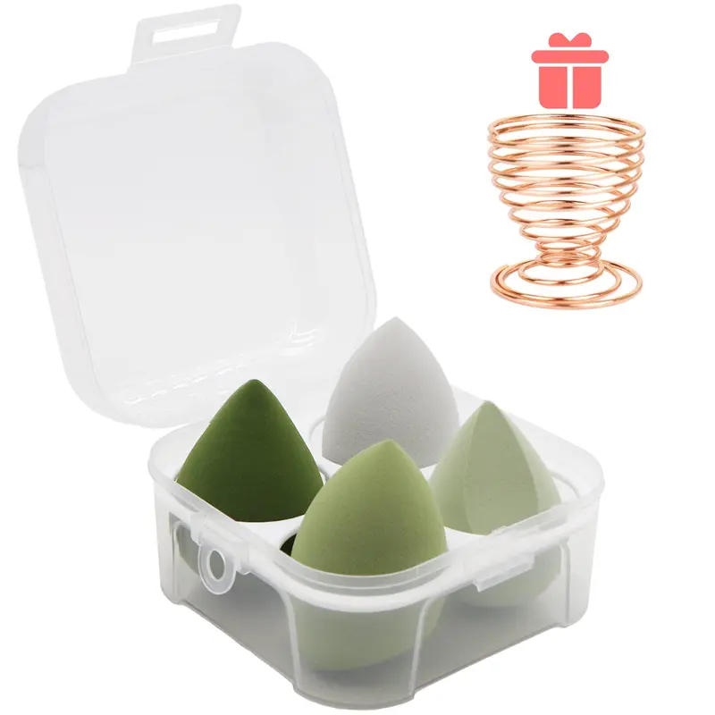 Leeshine - Ensemble d'éponges maquillage vert (4 pièces) + étui et boîte ovoïde – Blender pour fond de teint, crème et poudre