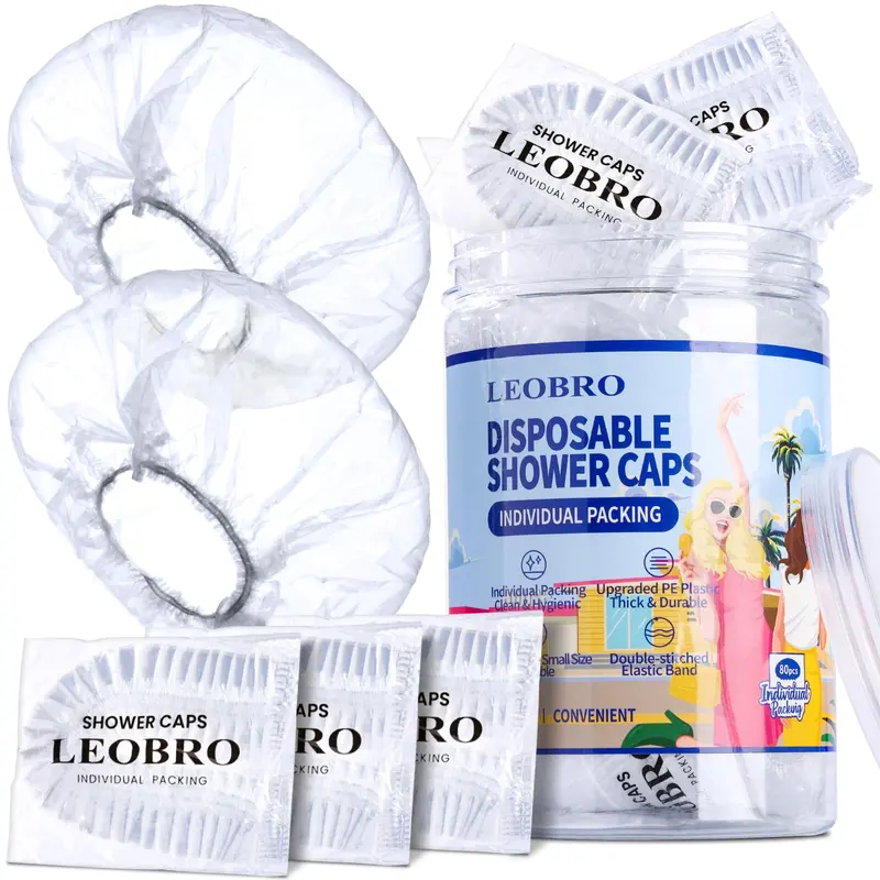 LEOBRO Capuchon de Douche Jetable – 80 Capuchons Individuels, Plastique Transparent, 17,3 pouces, Voyage et Hôtel
